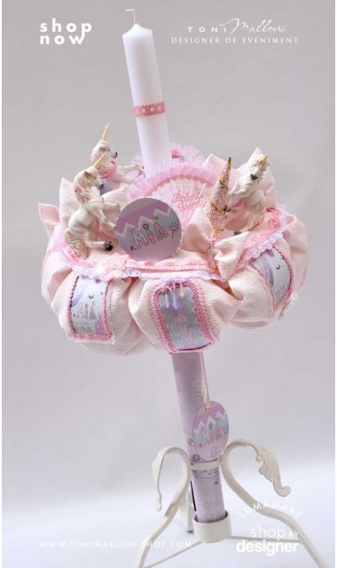 Lumanare de botez cu unicorni glam chevron pattern in roz si lila Posh Unicorn 2020 1